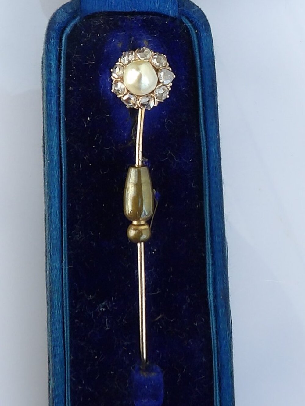 Edwardian Gold Diamond & Pearl Cluster Stick Pin